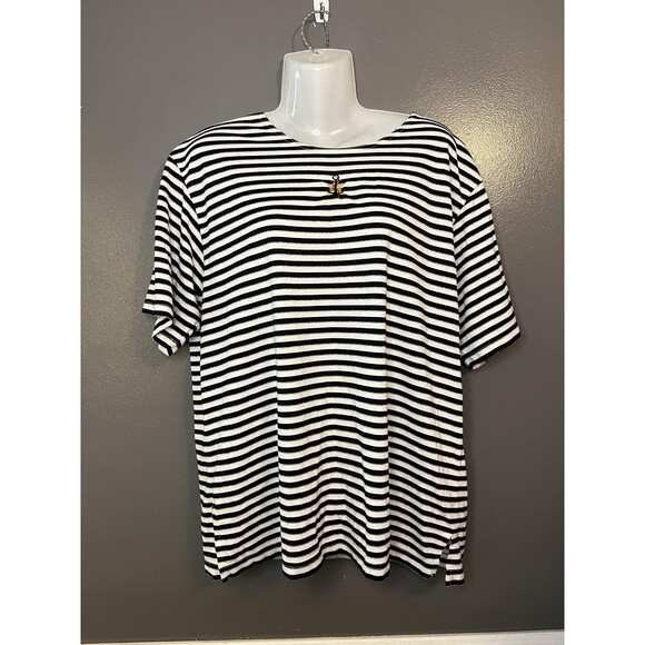 Needle & Threads Shirt Womens XL Black White Striped Nautical Anchor Embroidered - Picture 1 of 8